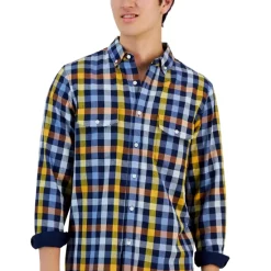 Outlet ⭐ Club Room Men's Fergus Plaid Poplin Long-Sleeve Button-Down Pocket 👕 Shirt, Created For Macy's Navy Blue Combo 👍