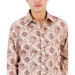Deals ✨ Club Room Men's Ditzy Trip Poplin Long-Sleeve Button-Down 👚 Shirt, Created For Macy's Bright White 🧨
