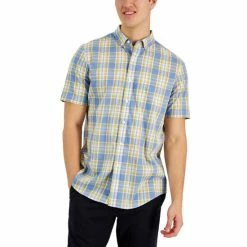 Coupon 🌟 Club Room Men's Matteo Plaid Poplin Woven Short-Sleeve 👕 Shirt, Created For Macy's Blue Combo 🔥