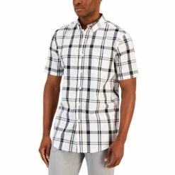 Brand new ⌛ Club Room Men's Shepherds Plaid Poplin Woven Short-Sleeve 👕 Shirt, Created For Macy's Bright White 🛒