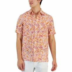 Promo 🔔 Club Room Men's Theora Garden Check Floral Linen Short-Sleeve Pocket 👕 Shirt, Created For Macy's Karanda Red Combo 🎉